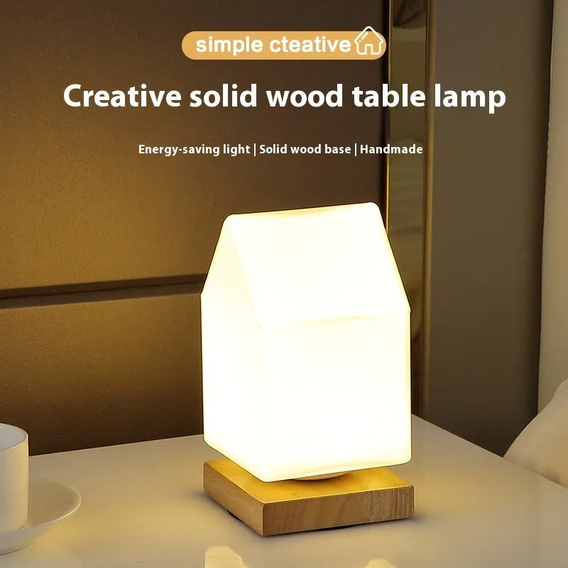 Nordic solid wood USB table lamp with touch dimming in white cube, cylinder, and ball styles on a wooden surface.
