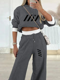 Women's casual hooded sweatshirt and jogger set in dark gray polyester