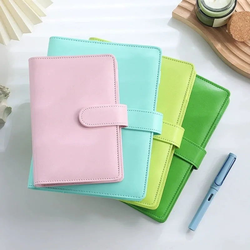 A5 PU leather zipper notebook shell in multiple solid colours, showing closed and open views.