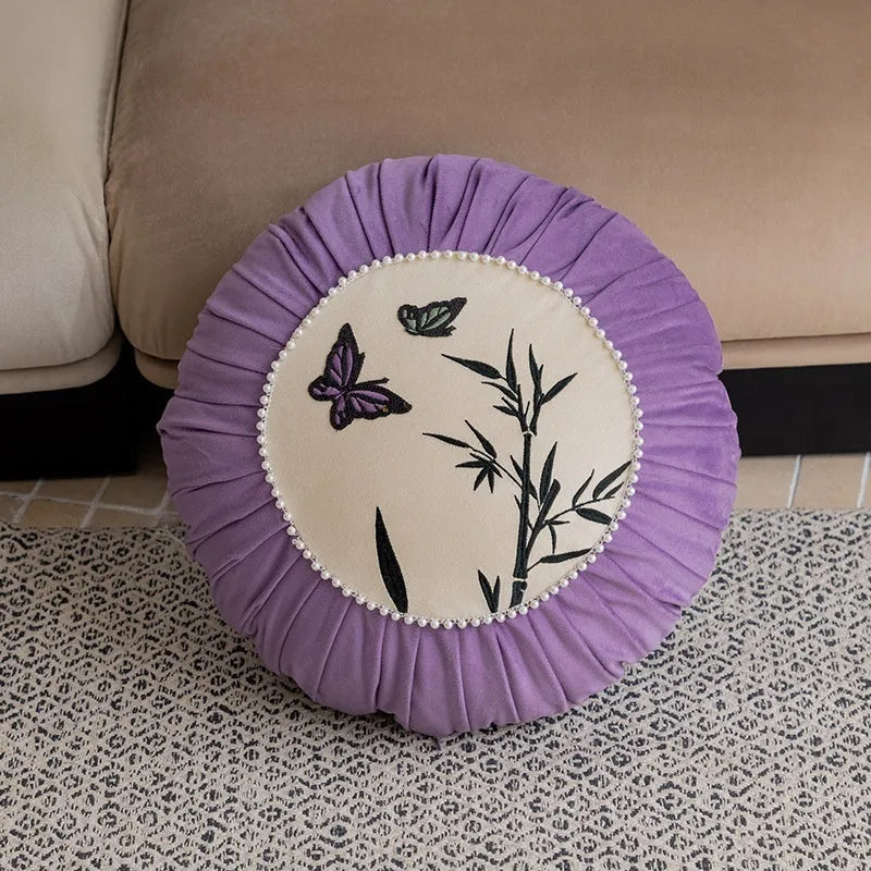 Square beige cushion with black butterfly embroidery in Chinese style, 45x45cm