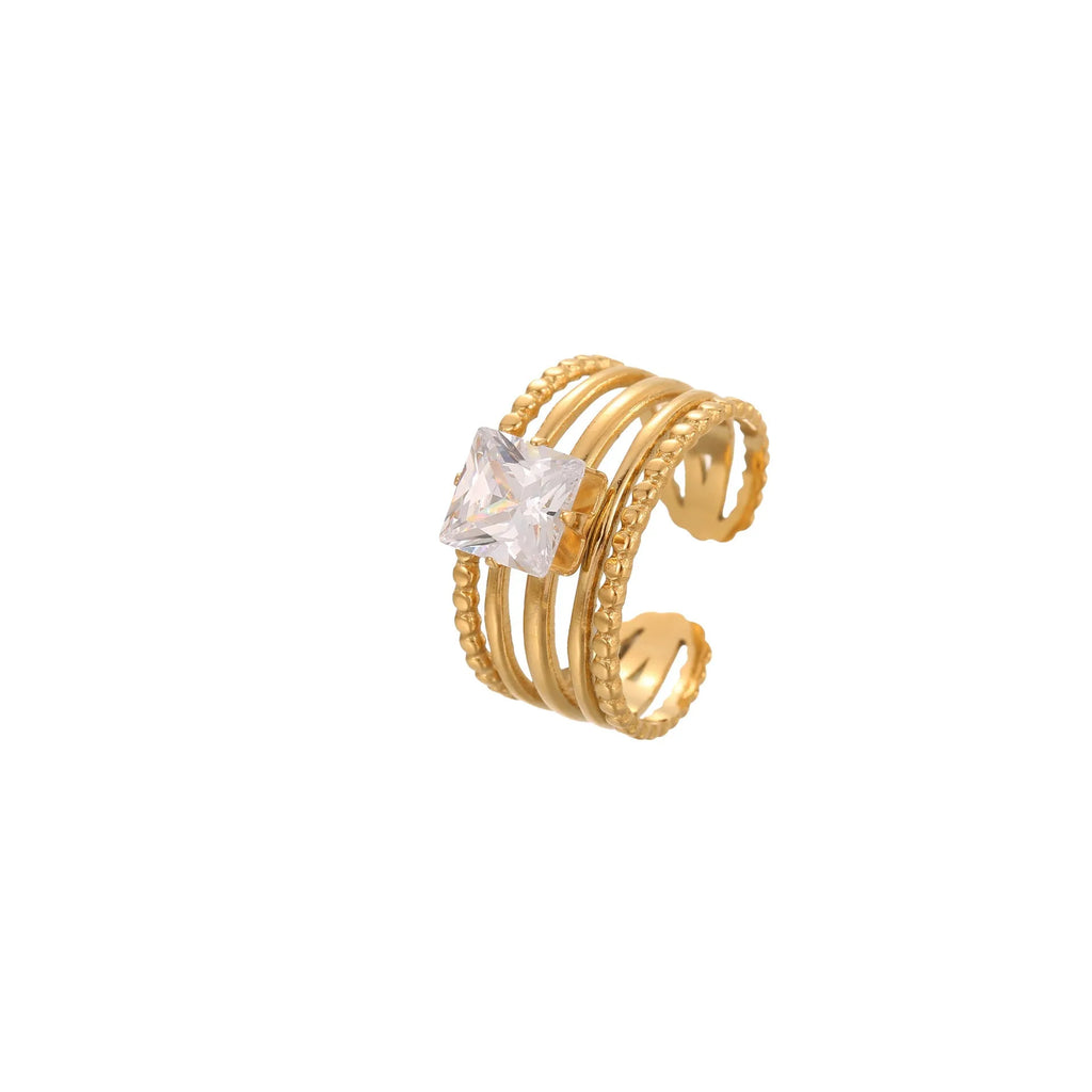 Gold electroplated stainless steel women's ring with geometric heart design and adjustable open mouth