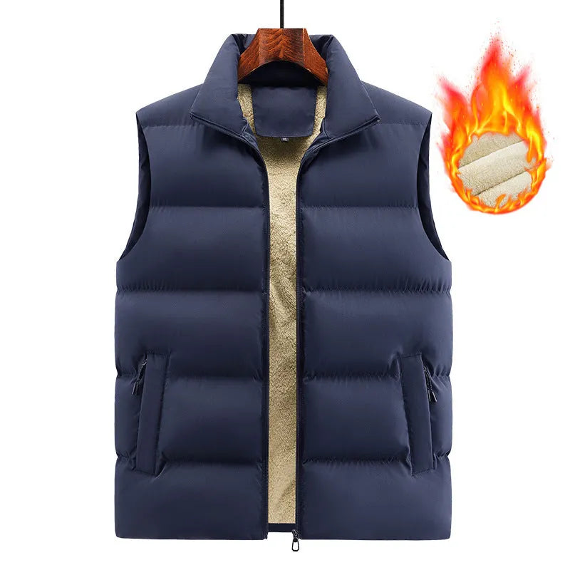 Man wearing a striped lambswool vest in black, showing the sleeveless design for autumn and winter.