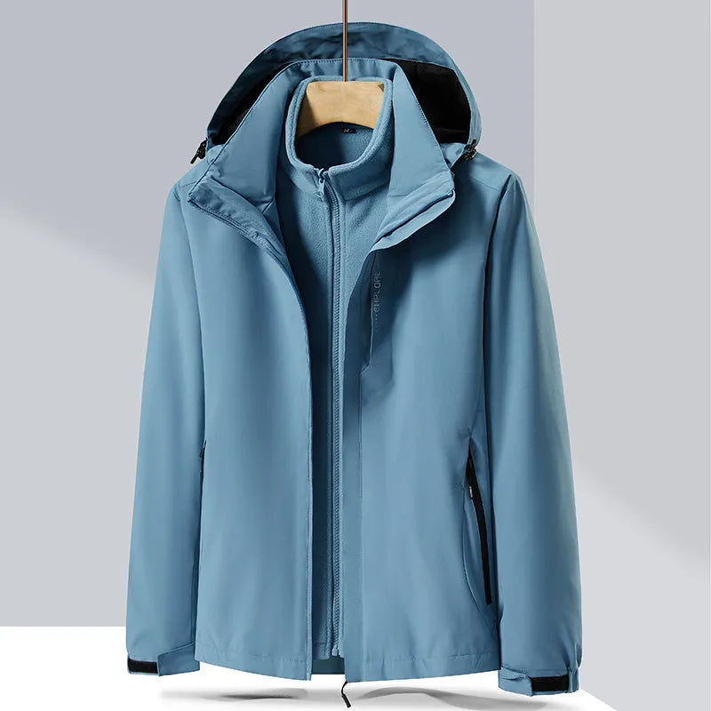 Men's fluorescent coloured two-piece waterproof mountaineering suit with polar fleece lining.