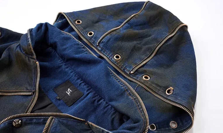 Men's blue hooded denim vest coat with matching trousers, Korean style two-piece set