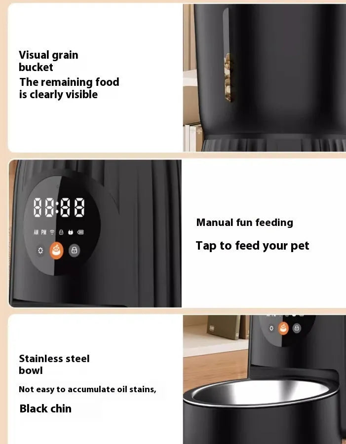 Intelligent automatic pet feeder with timer display and food reservoir in black or white colour options