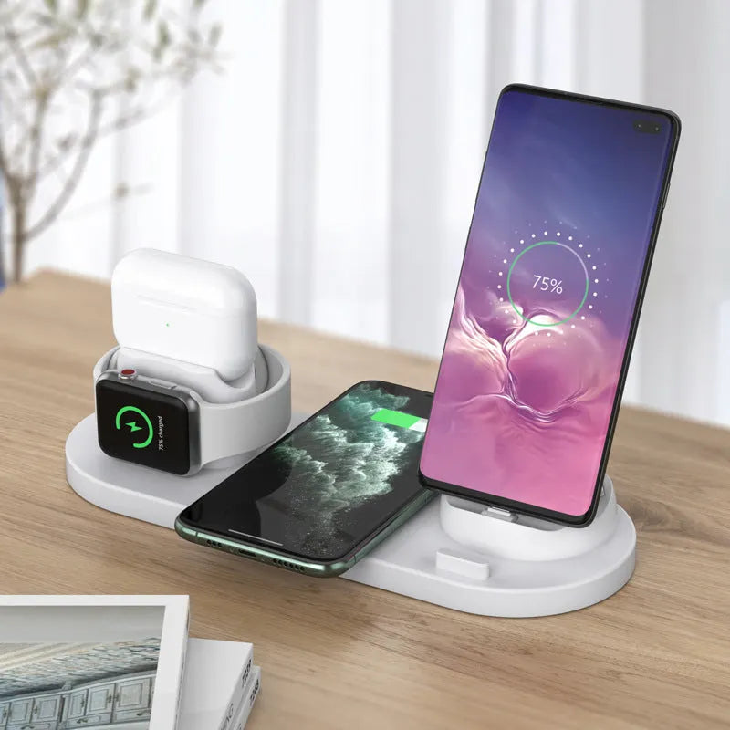 Black 6-in-1 wireless charging station with phone holder charging iPhone, AirPods, and Apple Watch