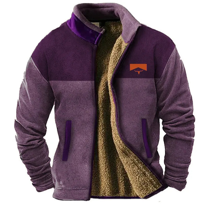 Men's green polyester fleece padded coat shown on a hanger, regular length.