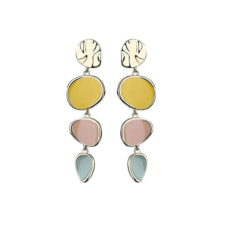 Alloy drop earrings with Morandi colours from oil drip treatment, showing simple vintage disc design.