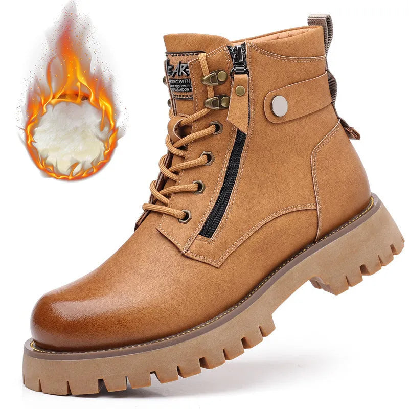 Men's brown leather high-top Martin boots with a side zipper and round toe.