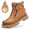 Men's brown leather high-top Martin boots with a side zipper and round toe.