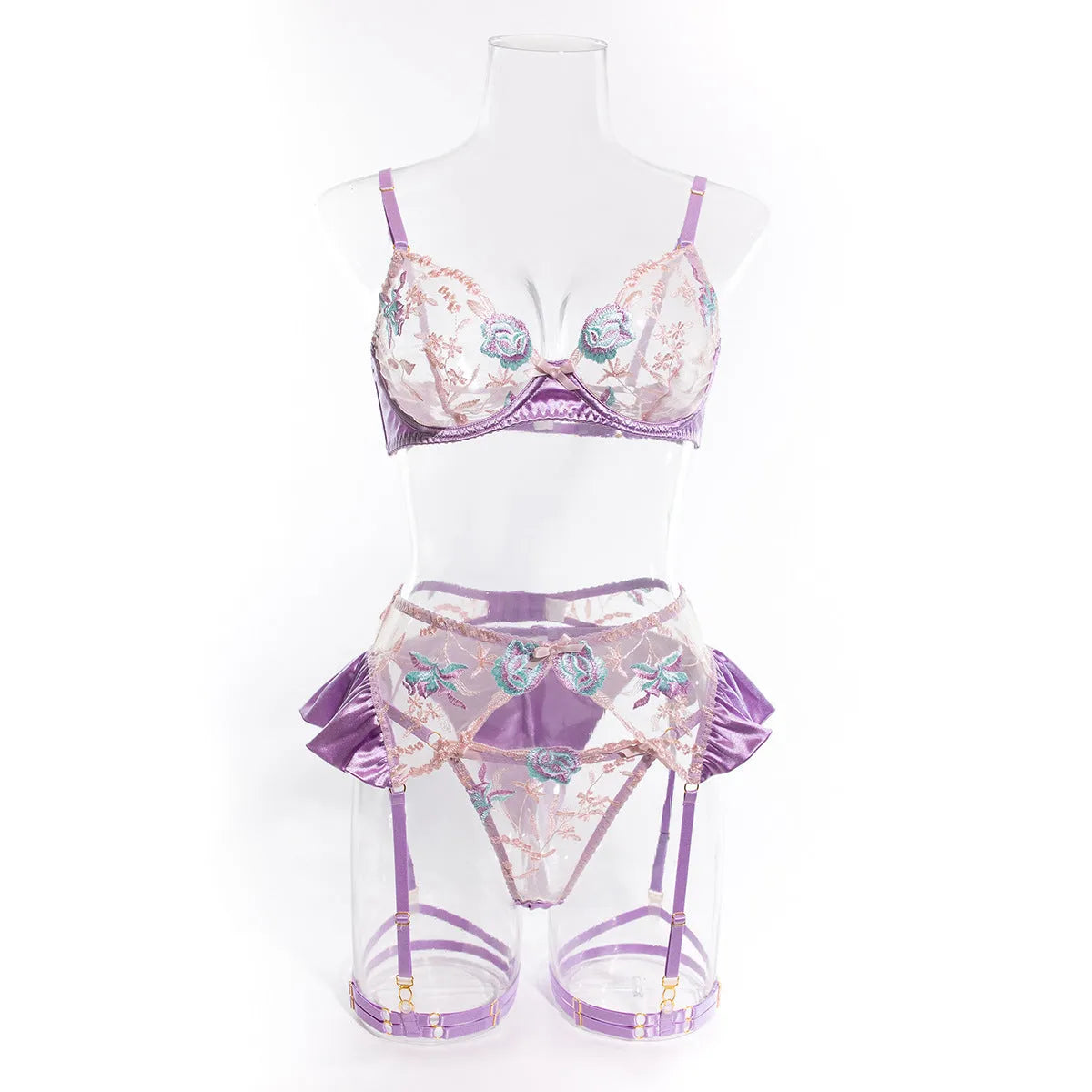Light purple satin four-piece lingerie set with mercerized embroidery in Asian sizes