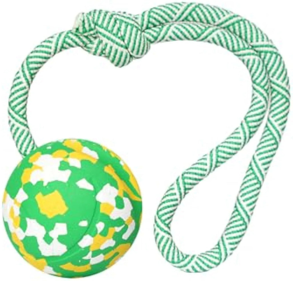 Natural rubber dog ball attached to a nylon rope for fetch and tug games.
