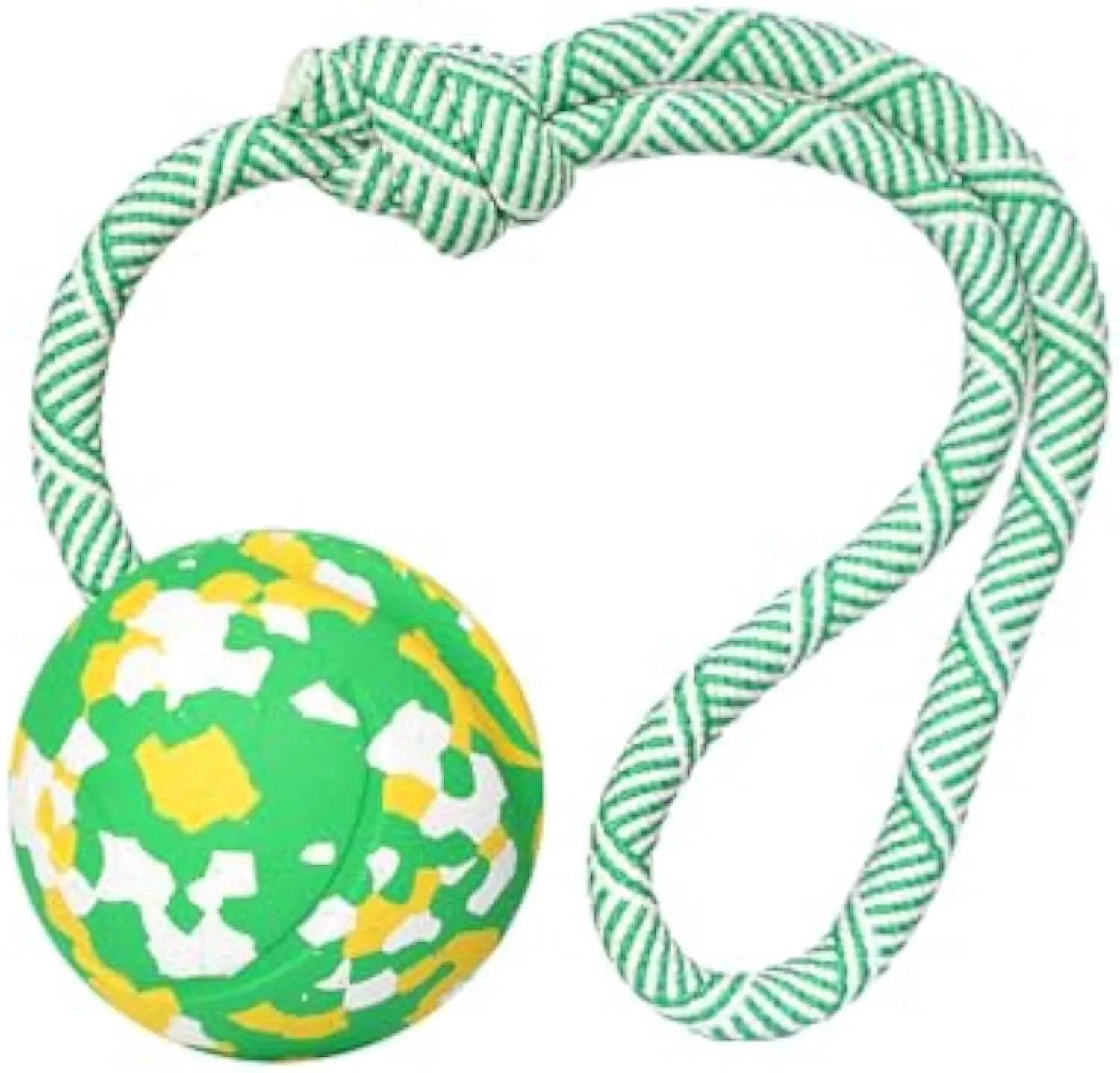 Natural rubber dog ball attached to a nylon rope for fetch and tug games.