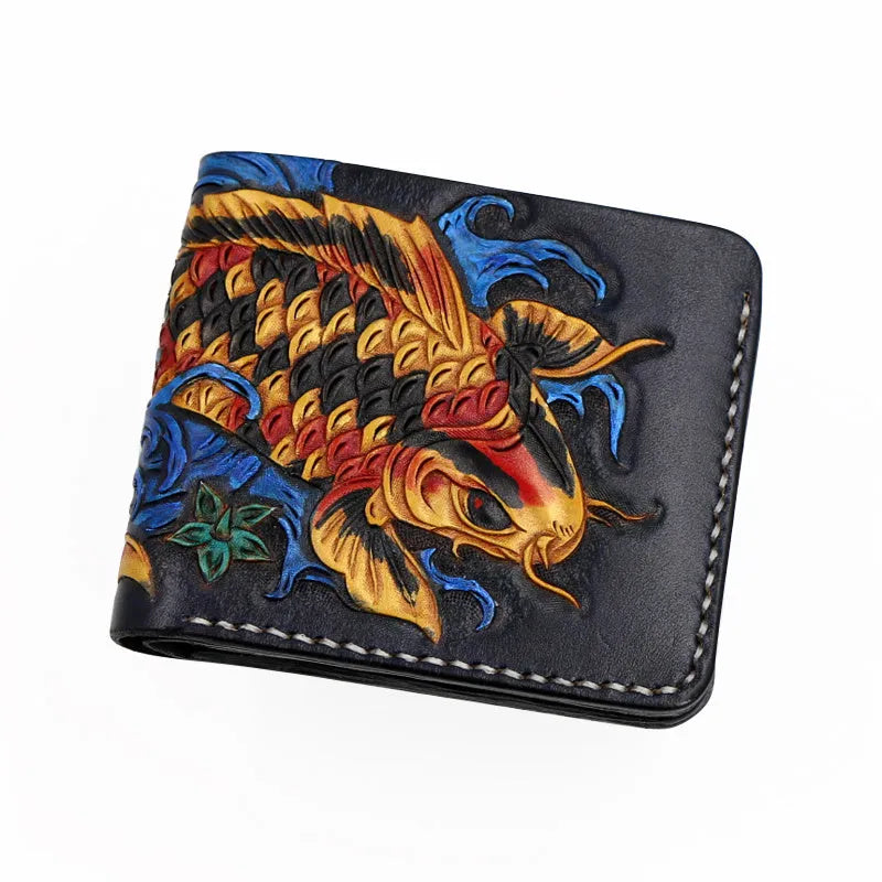Hand-carved genuine cowhide leather short wallet in red blue gold colours showing open closure