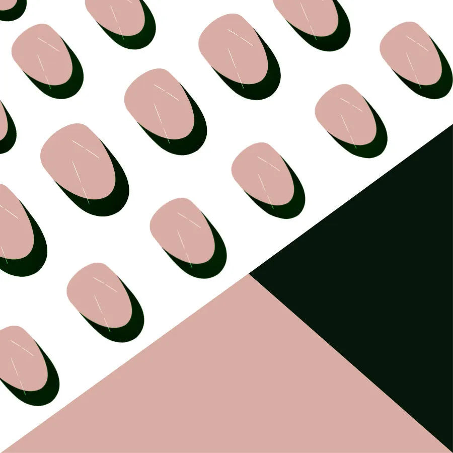 Set of 24 black French manicure false nails in a short almond shape, style J049.