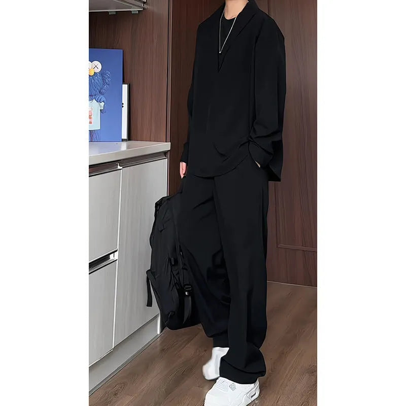 Men's black slim fit long sleeve polo shirt and trousers two-piece casual suit set