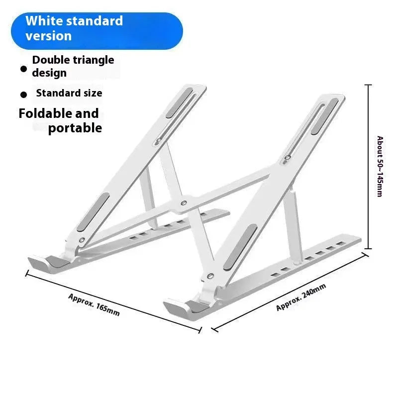 Silver aluminium folding laptop stand shown open and closed next to a laptop