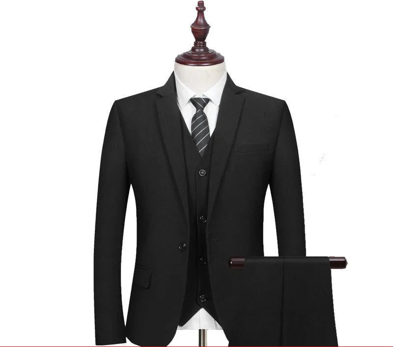 Men's slim fit black business suit set with flat collar and coordinated trousers