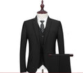 Men's slim fit black business suit set with flat collar and coordinated trousers