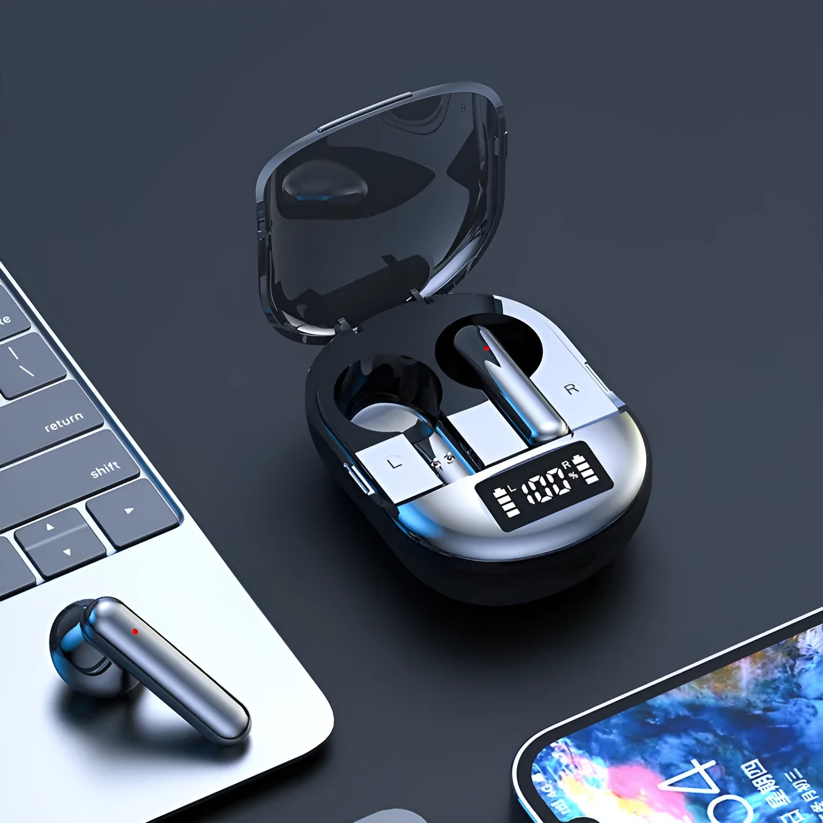 Black and white wireless in-ear Bluetooth headset with digital display next to its charging case.
