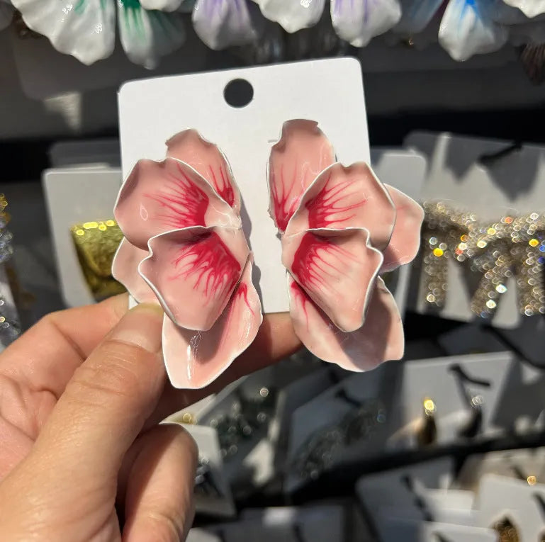 Pastoral style alloy flower stud earrings with oil-spot glaze finish in blue, green, purple, and rose colour options