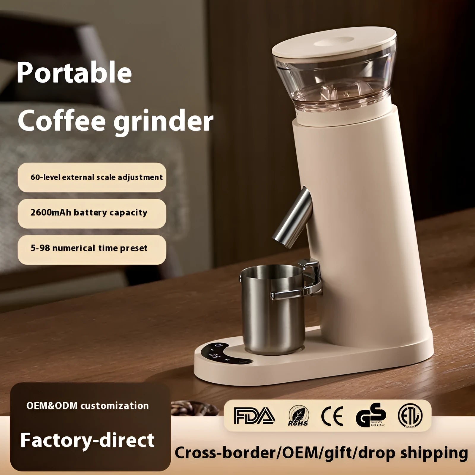Portable electric coffee grinder and maker with stainless steel body in beige or black