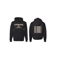 Black men's drop-shoulder sleeve polyester pullover hoodie on a hanger.