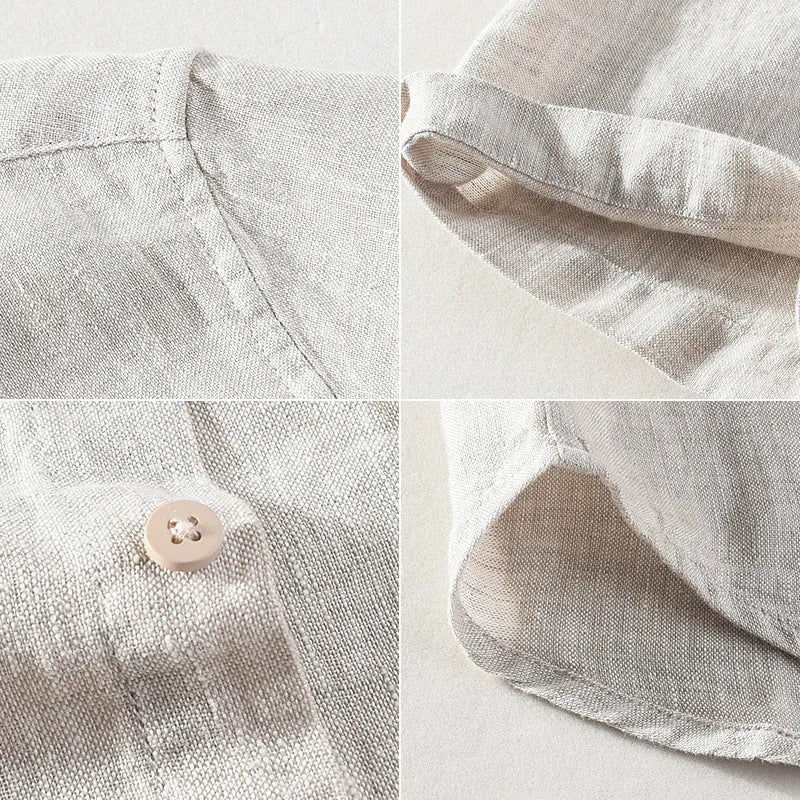 Youth linen short sleeve shirt with square collar in raw jute or grey colour, cardigan style regular fit