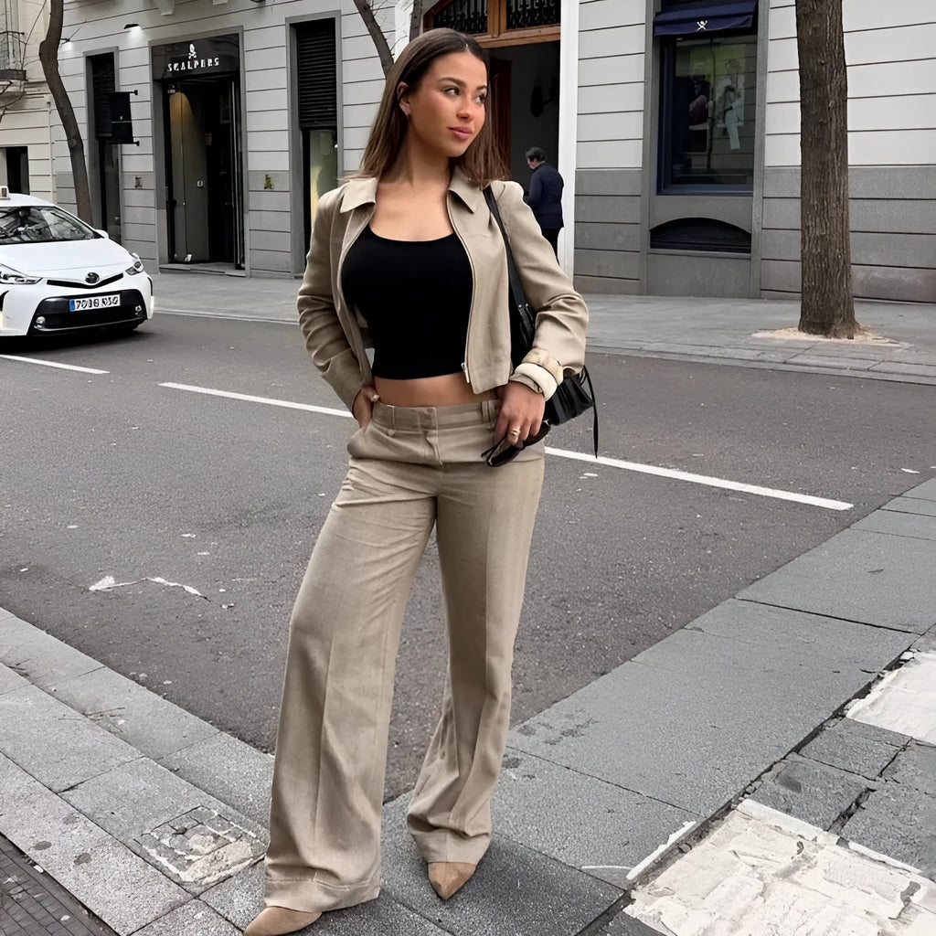 Women's herringbone pattern suit set with 3D embroidery on coat and trousers for summer casual wear