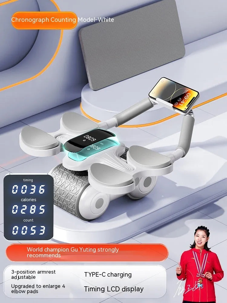 White belly roller fitness equipment with LED timing display screen for home and office workouts