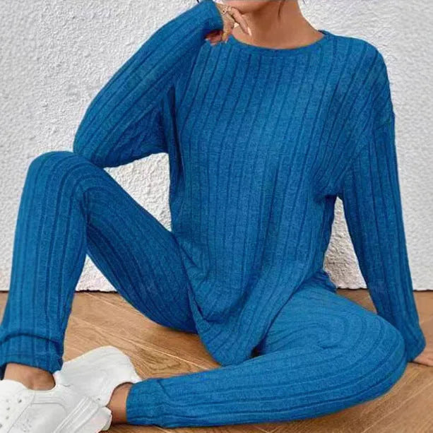 Women's black sunken stripe polyester two-piece homewear set with regular sleeve top and matching trousers