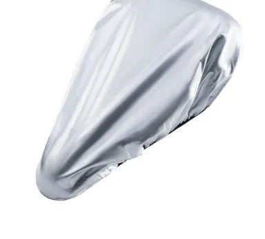 Silver outdoor cycling bike saddle rain cover made from 100% polyester on a bicycle