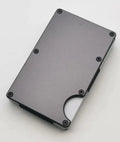 Carbon fibre credit card wallet with aluminium alloy grey finish showing anti-theft RFID protection features