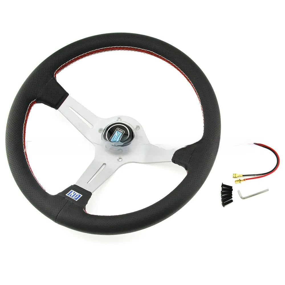 14-inch leather automotive steering wheel with concave centre design showing black skeleton construction