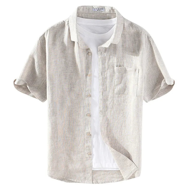 Youth linen short sleeve shirt with square collar in raw jute or grey colour, cardigan style regular fit