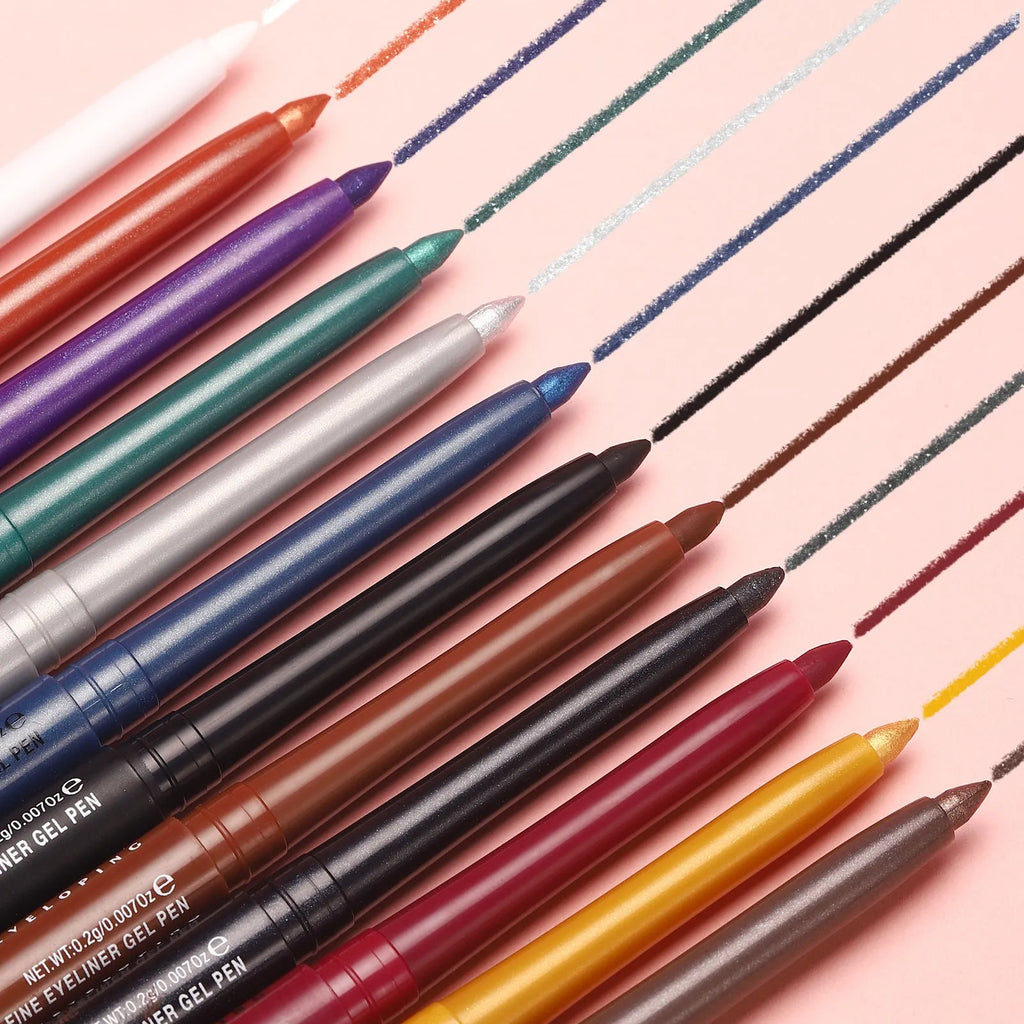 12 colourful gel glitter eyeliner pencils showing matte, glitter, metallic and pearl finishes for waterproof makeup