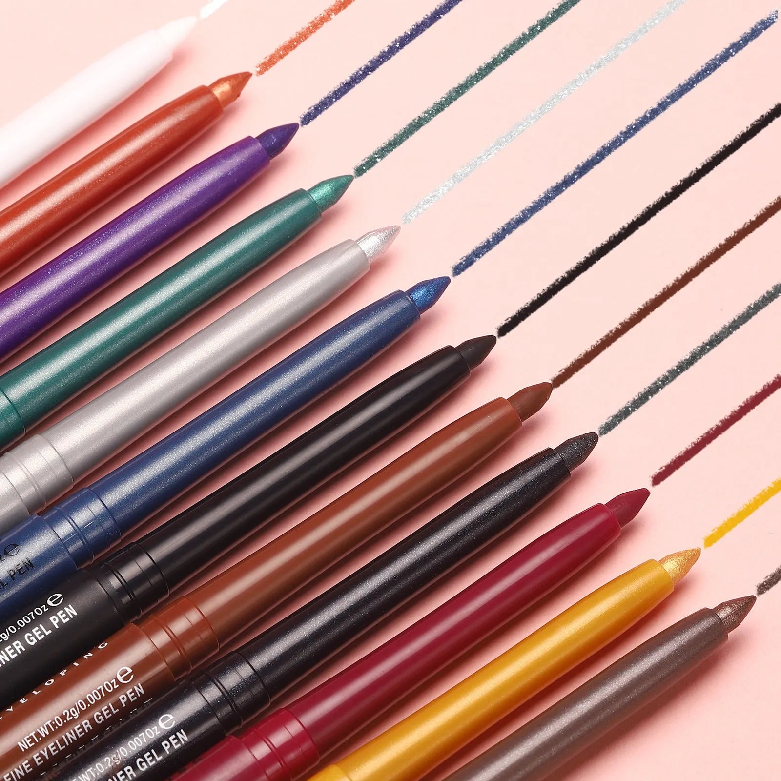 12 colourful gel glitter eyeliner pencils showing matte, glitter, metallic and pearl finishes for waterproof makeup
