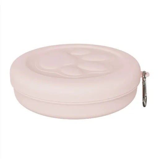 Portable collapsible dog feeding bowl with separate snack box compartment in pink and green colour options