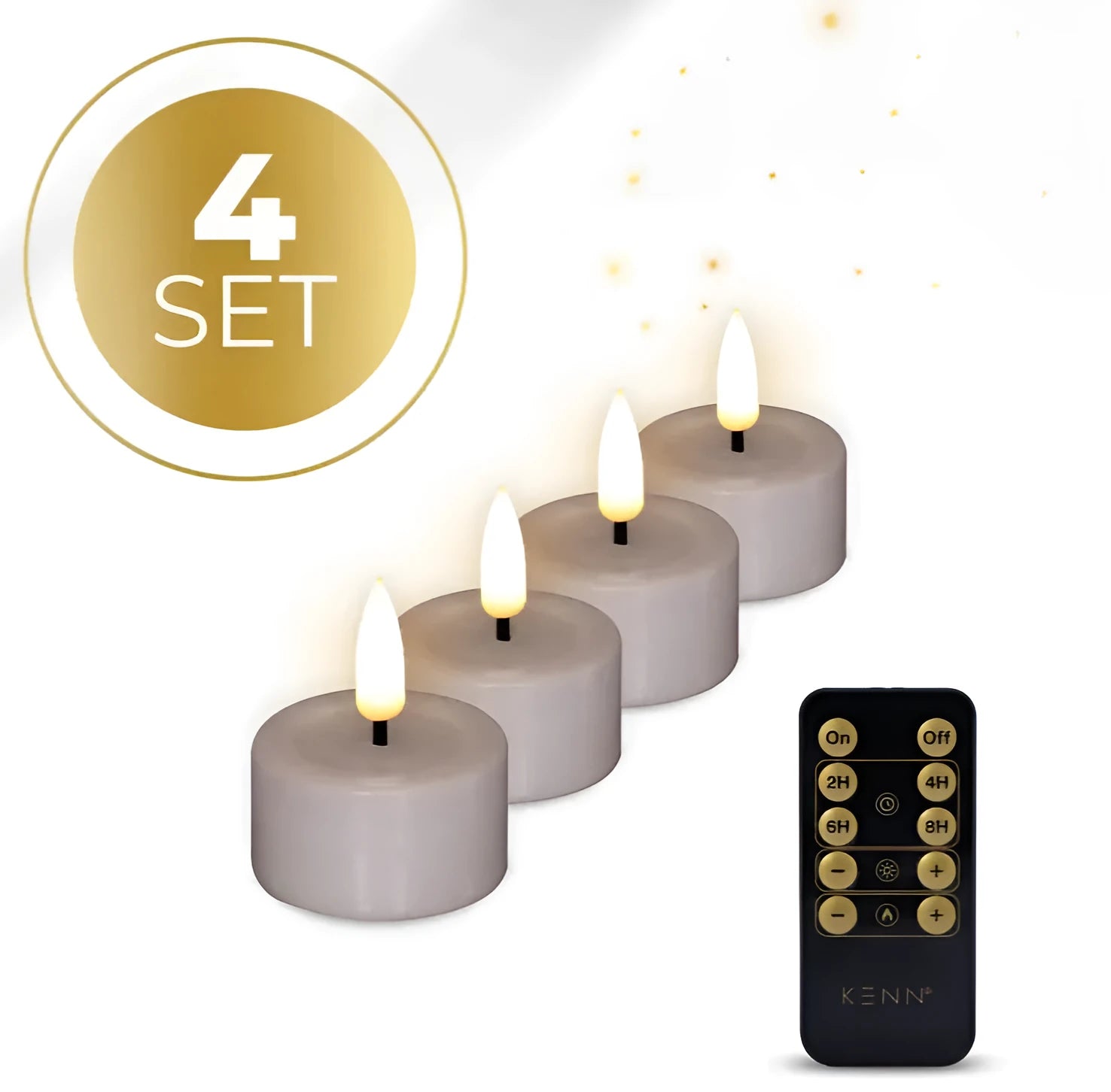 Four taupe coloured LED tealight candles with realistic flame effect, measuring 4.1cm diameter by 5cm height