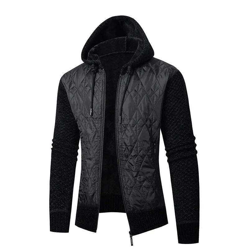 Men's grey hooded corduroy sweater coat with a cinched front, shown on a model.