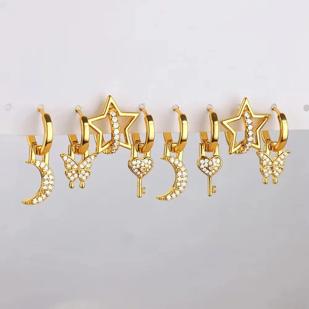 Women's geometric butterfly earrings with heart and star shapes in copper with diamond treatment