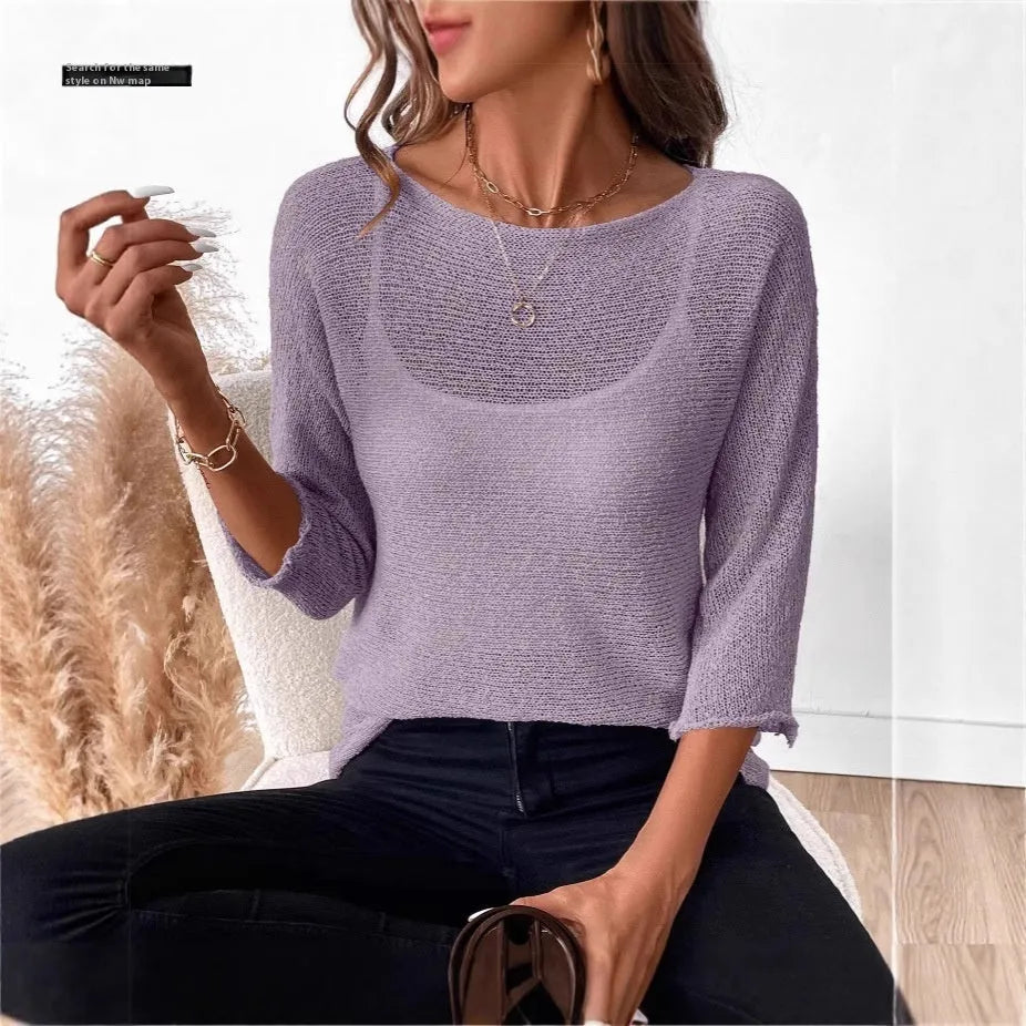 Women's thin knitted off-shoulder top in lavender purple with a 3D pattern and 3/4 sleeves.