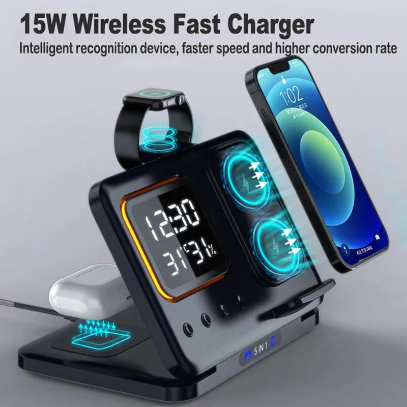Black and white foldable wireless charging station with digital clock displaying time and temperature