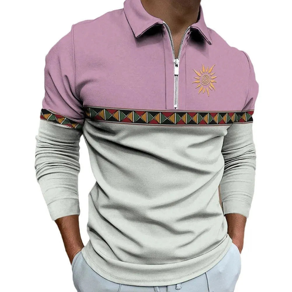 Men's loose fit long sleeve golf t-shirt with retro colour printing and zip decoration