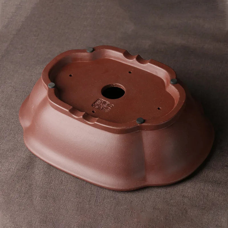 Handmade purple clay bonsai basin with classical Chinese design, 25cm by 20cm ceramic flower pot