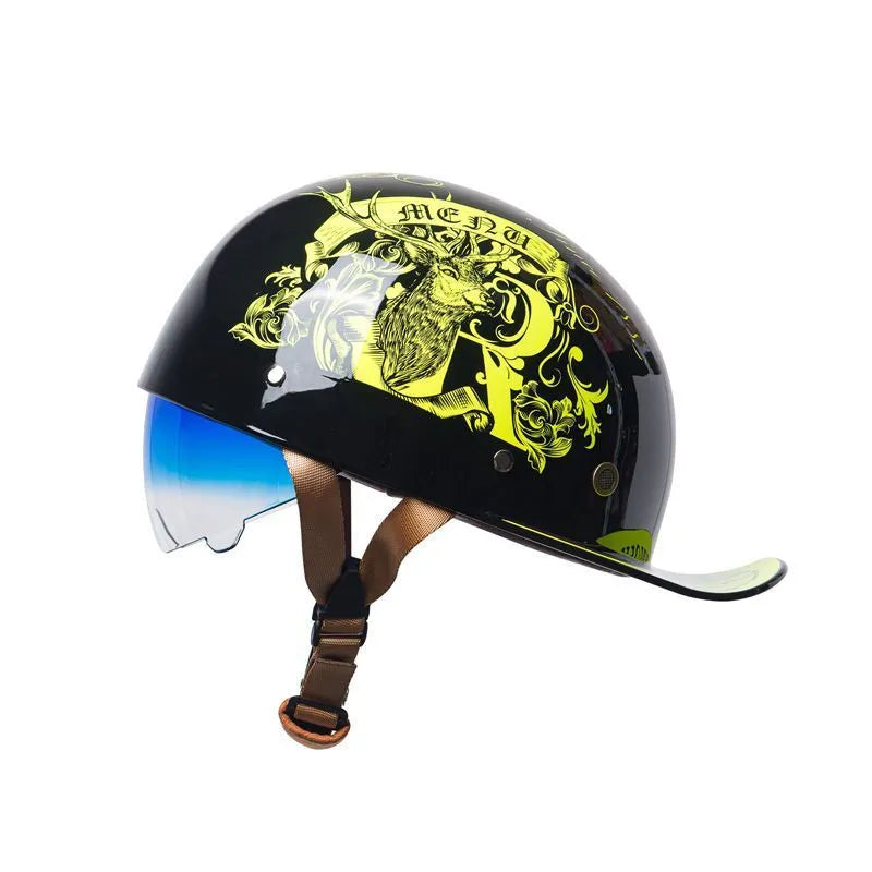 Men's retro electric bicycle helmet with bright black colour and gradient blue lens