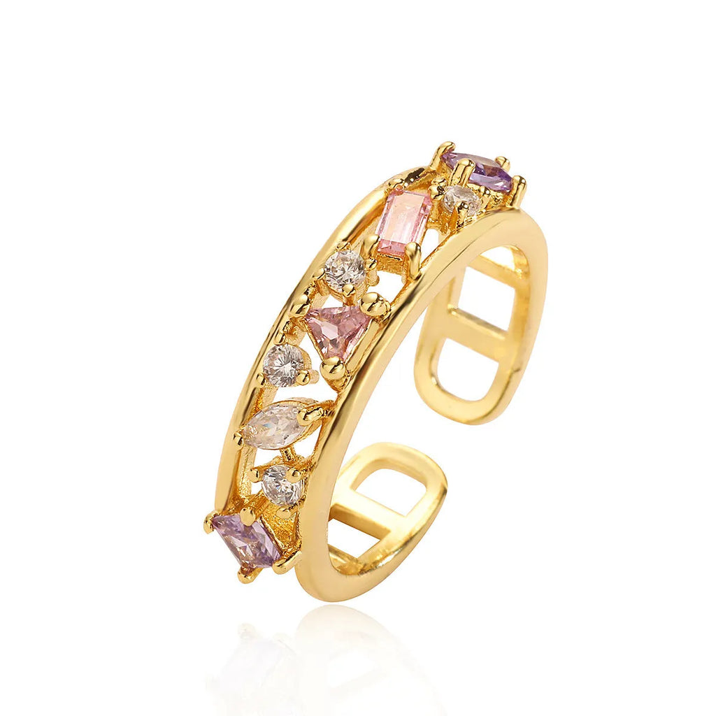 Women's gold plated geometric adjustable ring with zircon and pearl accents