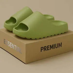 Women's thick-soled beach slippers in beige, black, brown, or green, showing EVA injection moulded construction.