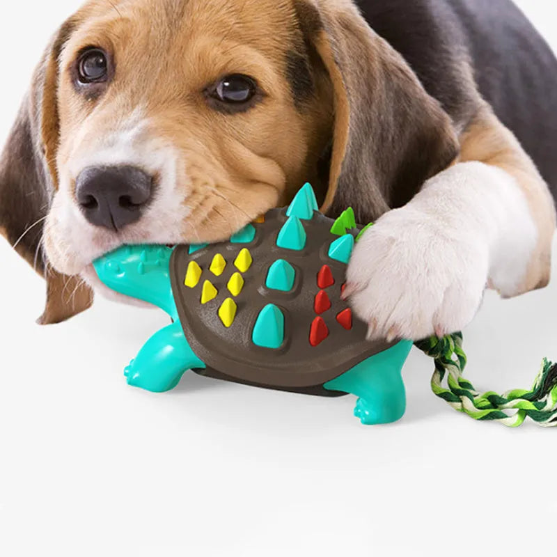Natural rubber dog toothbrush chew toy with mint flavour for dental care and interactive tug-of-war games