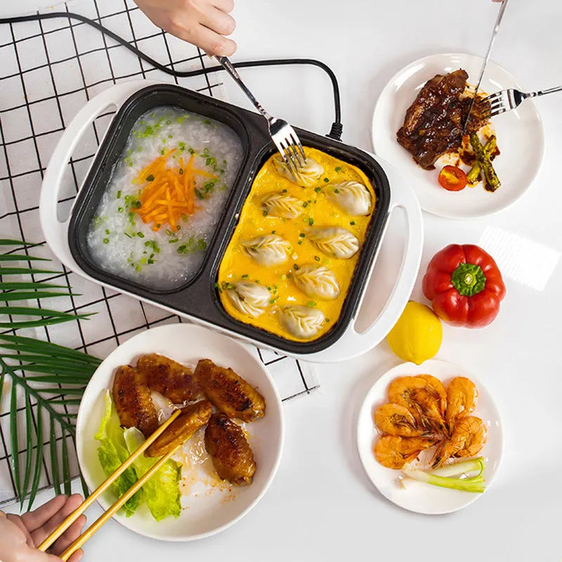 White or green dual-function electric hot pot appliance with mechanical controls for caldron and frying oven use.
